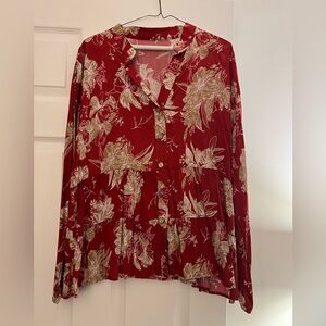 Large burgundy and tan peplum top